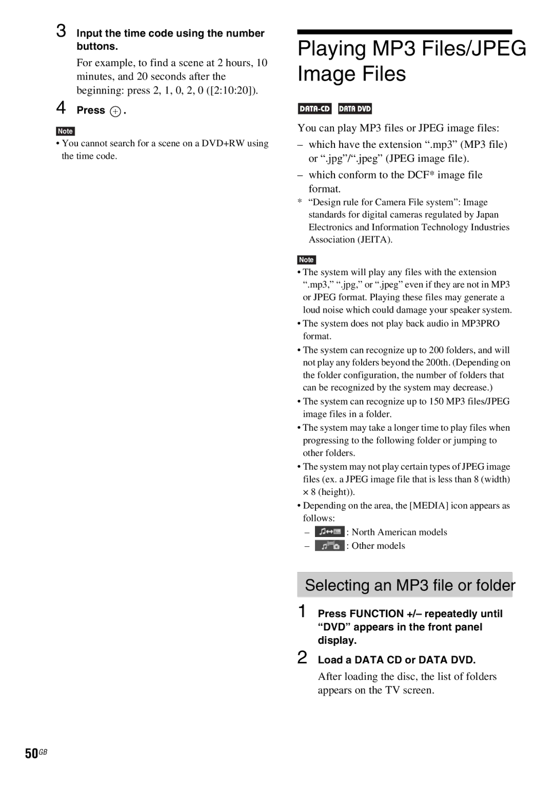 Sony DAV-HDX685 manual Selecting an MP3 file or folder, 50GB, Input the time code using the number buttons 