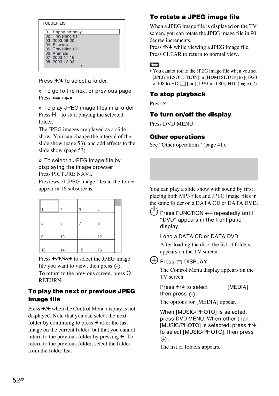 Sony DAV-HDX685 manual Playing a slide show with sound, 52GB, To play the next or previous Jpeg image file 