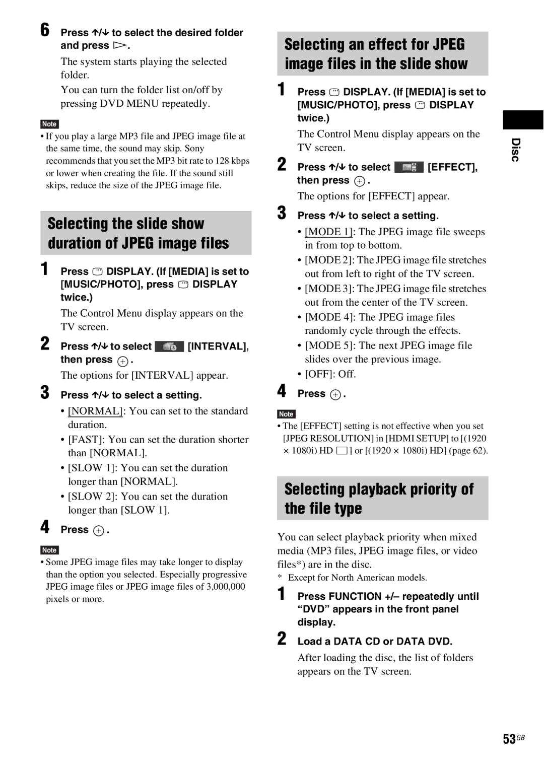 Sony DAV-HDX685 Selecting playback priority of the file type, Selecting the slide show duration of Jpeg image files, 53GB 