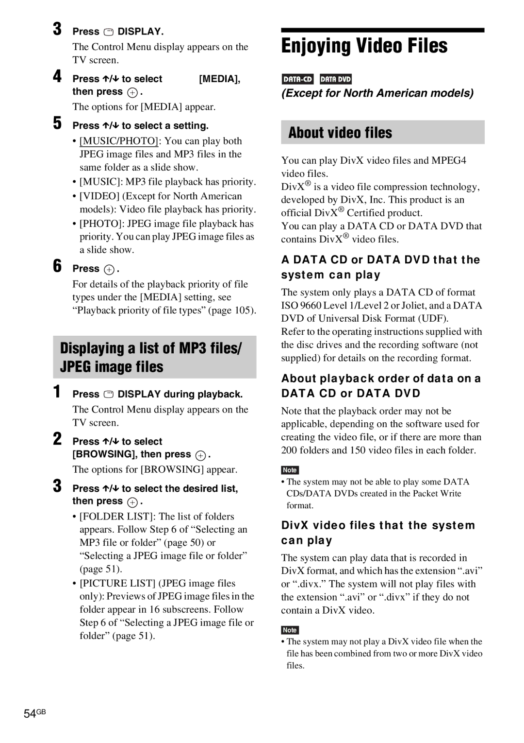 Sony DAV-HDX685 manual Enjoying Video Files, Displaying a list of MP3 files/ Jpeg image files, About video files, 54GB 