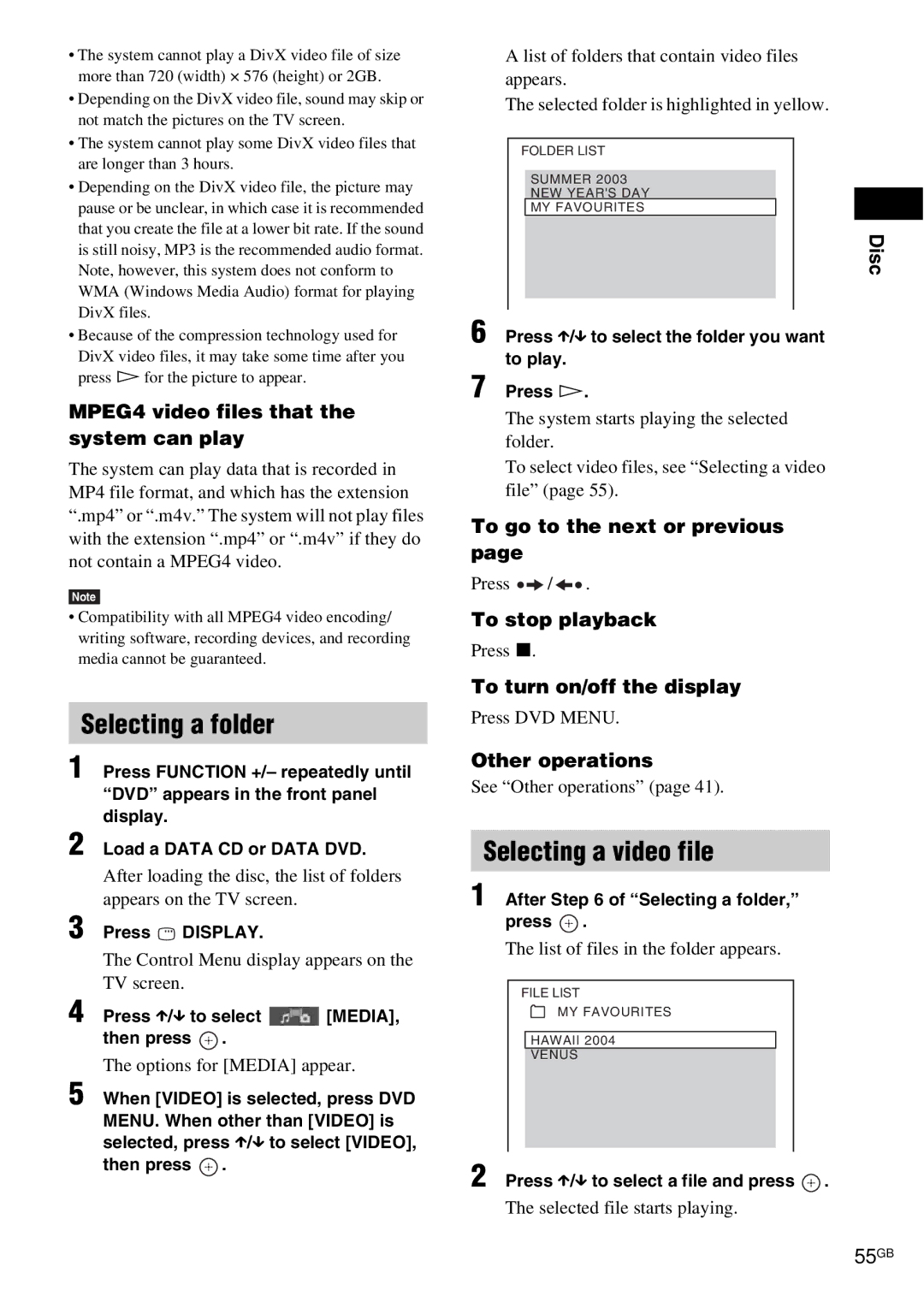 Sony DAV-HDX685 manual Selecting a folder, Selecting a video file, 55GB, MPEG4 video files that the system can play 