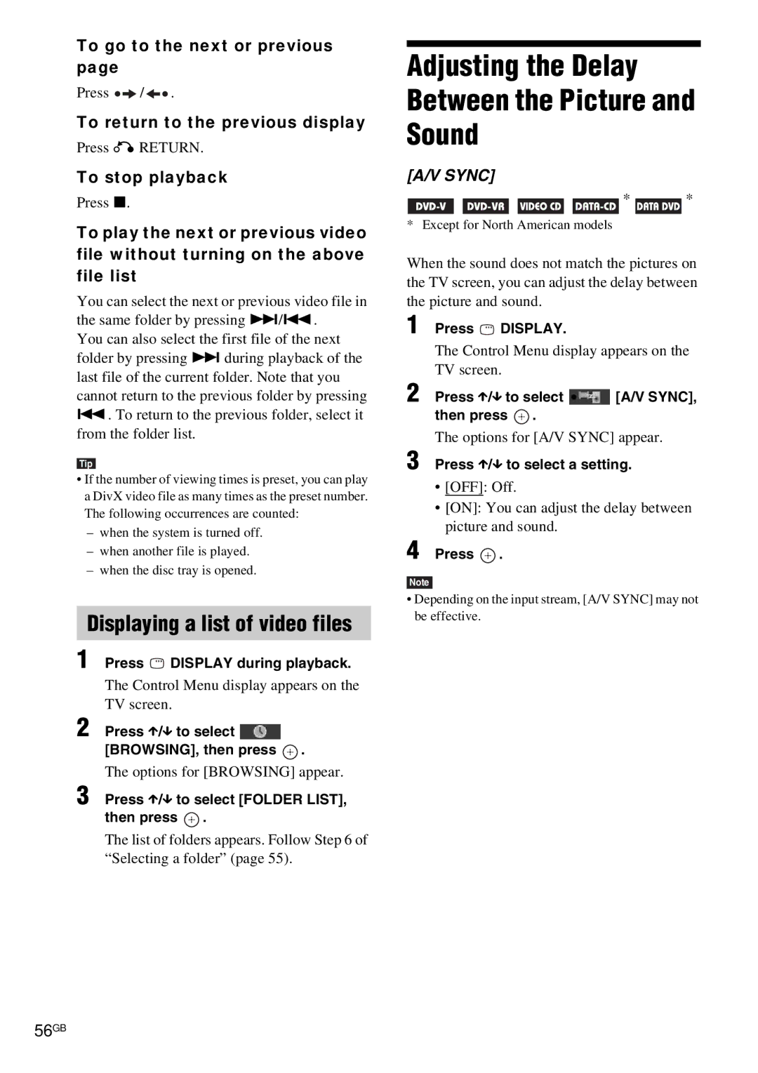 Sony DAV-HDX685 manual Adjusting the Delay Between the Picture Sound, Displaying a list of video files, 56GB 