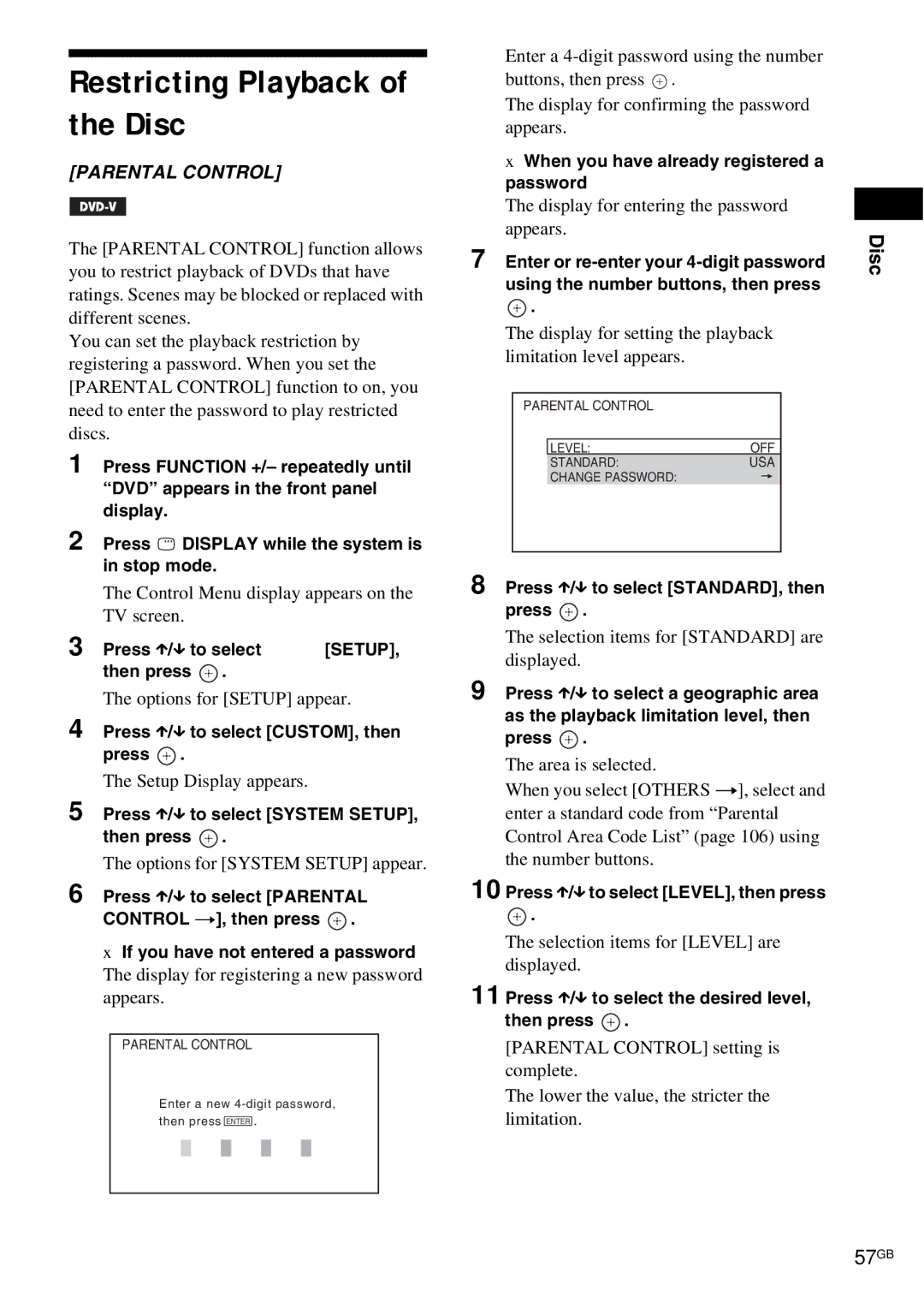 Sony DAV-HDX685 manual Restricting Playback of the Disc, 57GB 