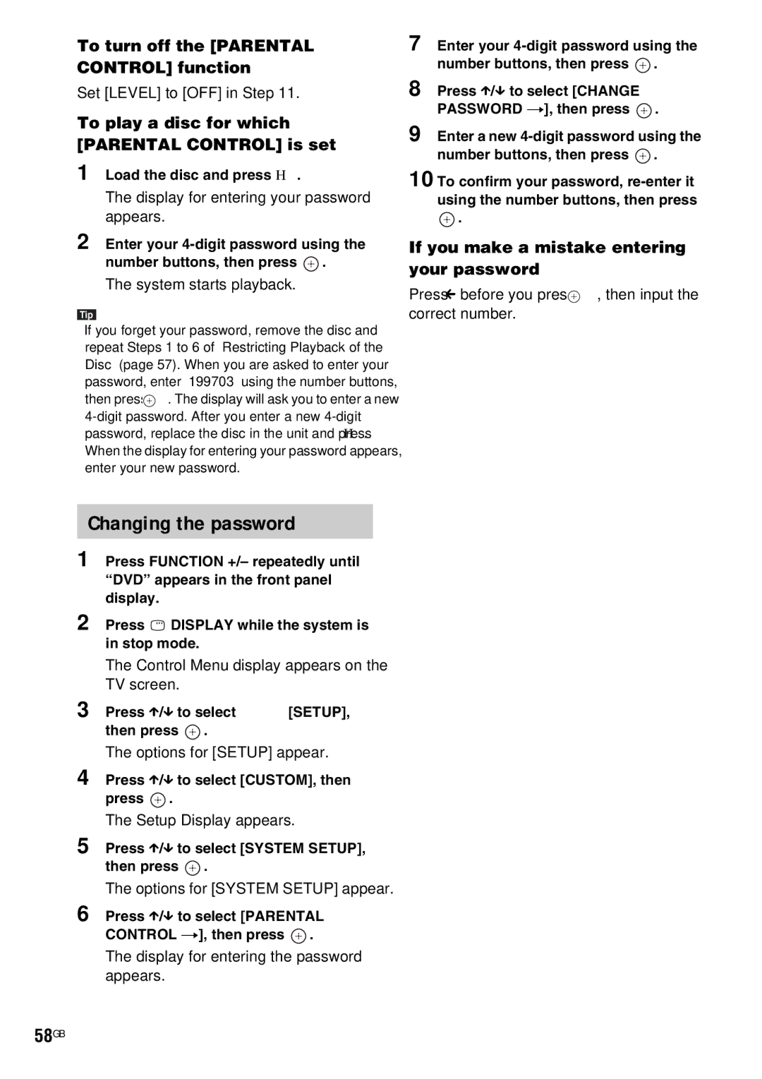 Sony DAV-HDX685 manual Changing the password, 58GB, To turn off the Parental Control function 