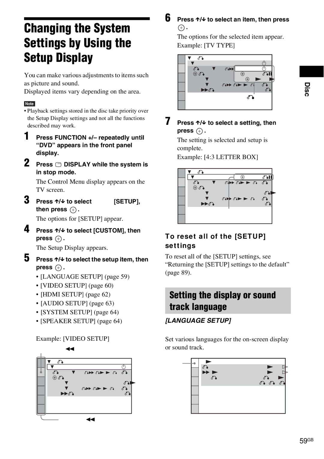 Sony DAV-HDX685 manual Setting the display or sound track language, 59GB, To reset all of the Setup settings 