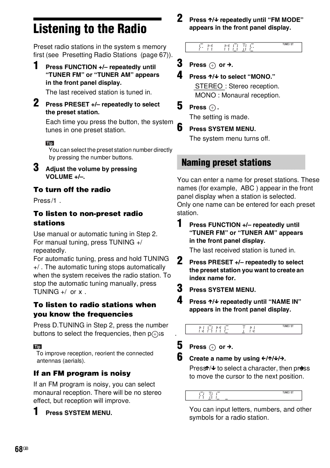 Sony DAV-HDX685 manual Listening to the Radio, Naming preset stations, 68GB 