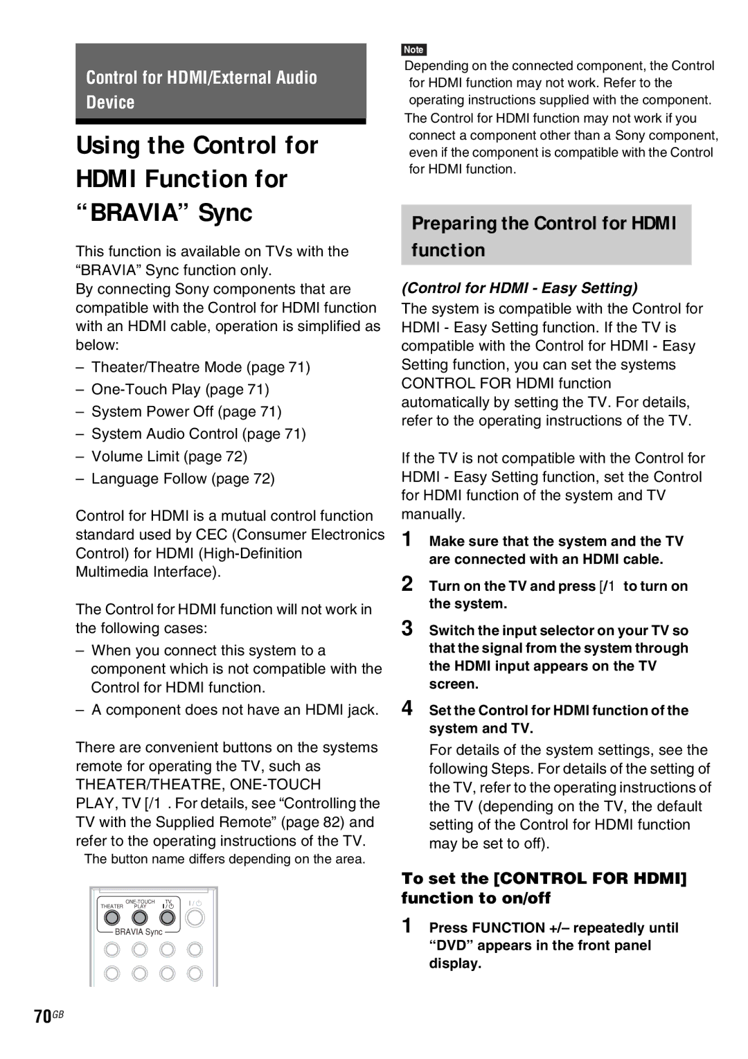 Sony DAV-HDX685 manual Preparing the Control for Hdmi function, 70GB, To set the Control for Hdmi function to on/off 