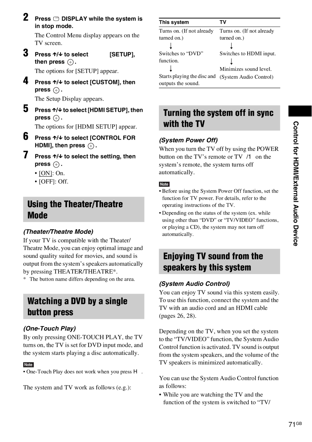 Sony DAV-HDX685 manual Using the Theater/Theatre Mode, Watching a DVD by a single button press, 71GB 