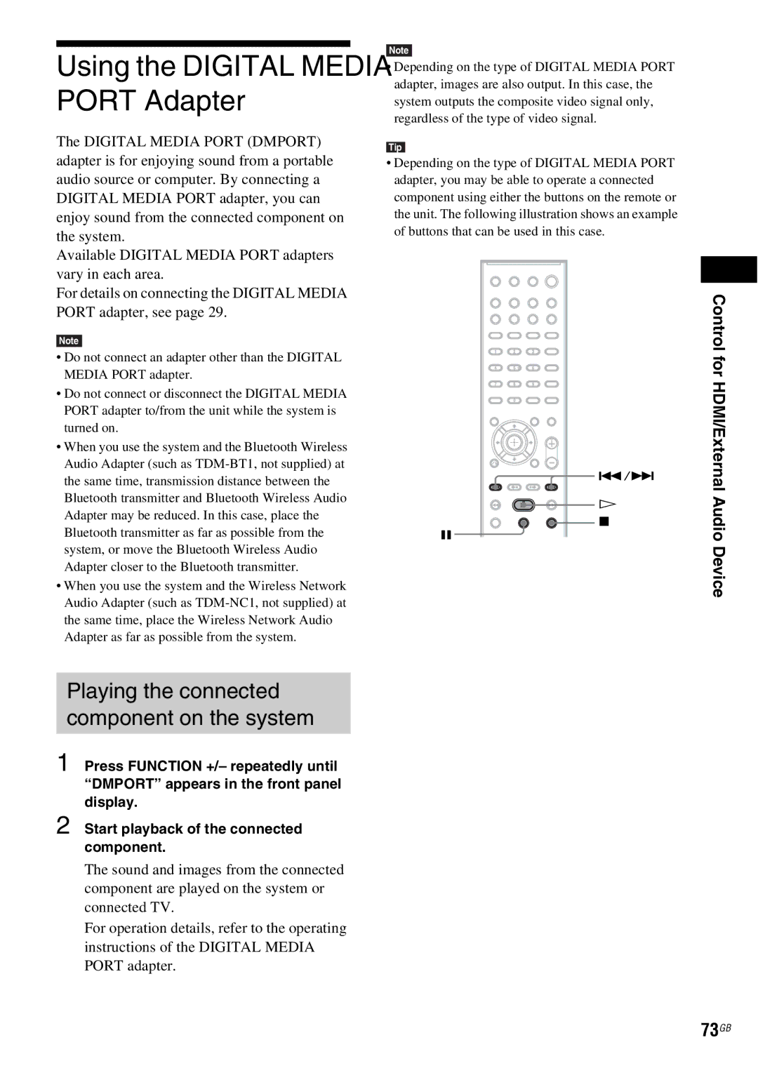 Sony DAV-HDX685 manual Using the Digital Media Port Adapter, Playing the connected component on the system, 73GB 