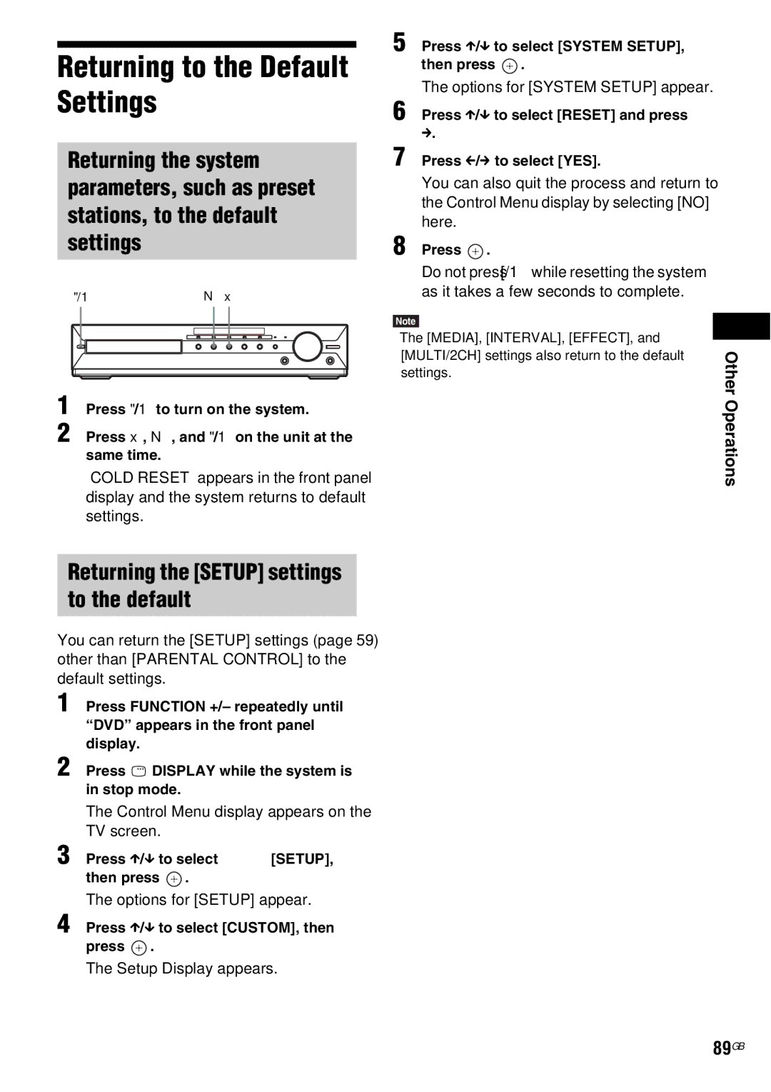 Sony DAV-HDX685 manual Returning to the Default Settings, Returning the Setup settings to the default, 89GB 