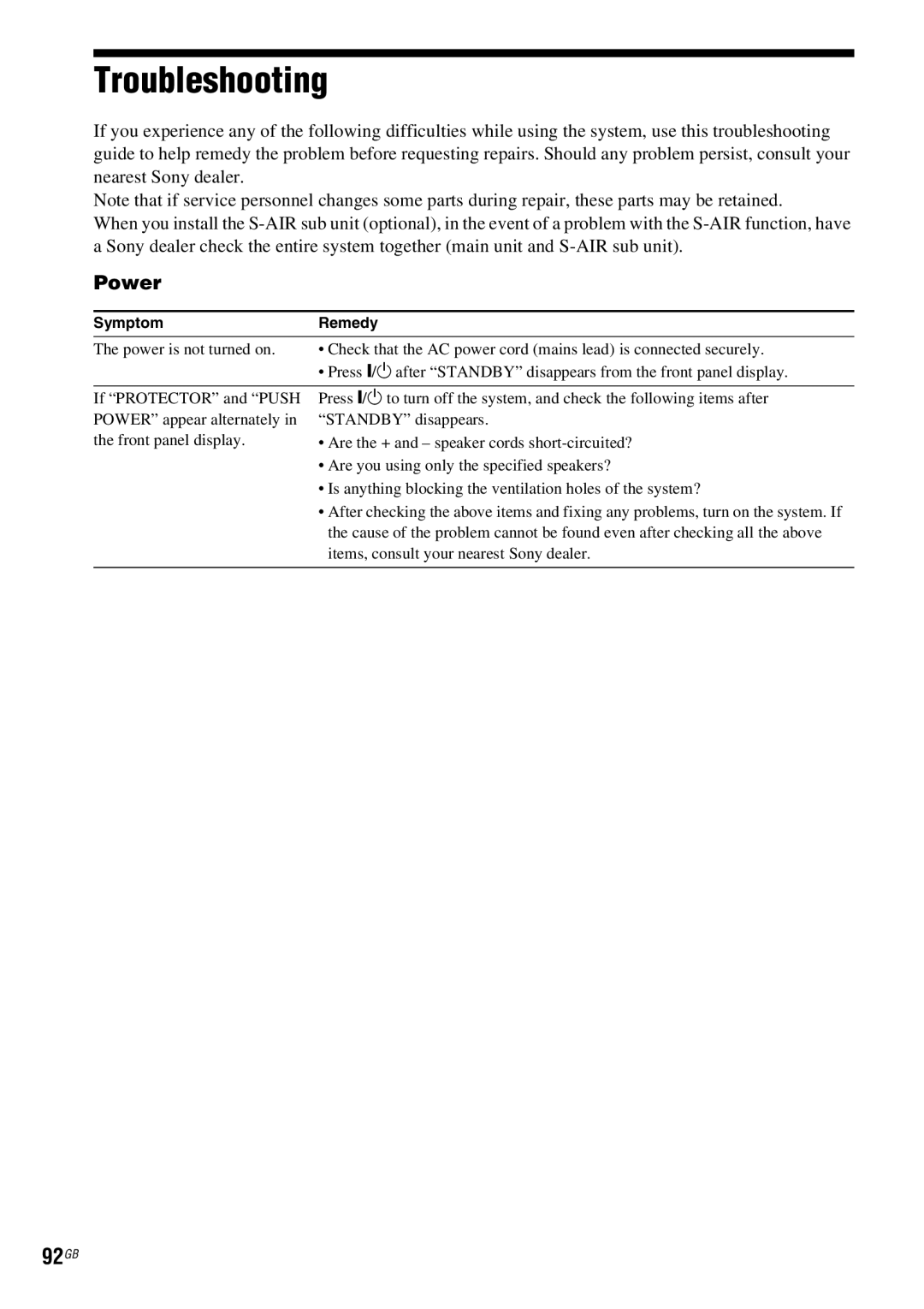 Sony DAV-HDX685 manual Troubleshooting, 92GB, Power 