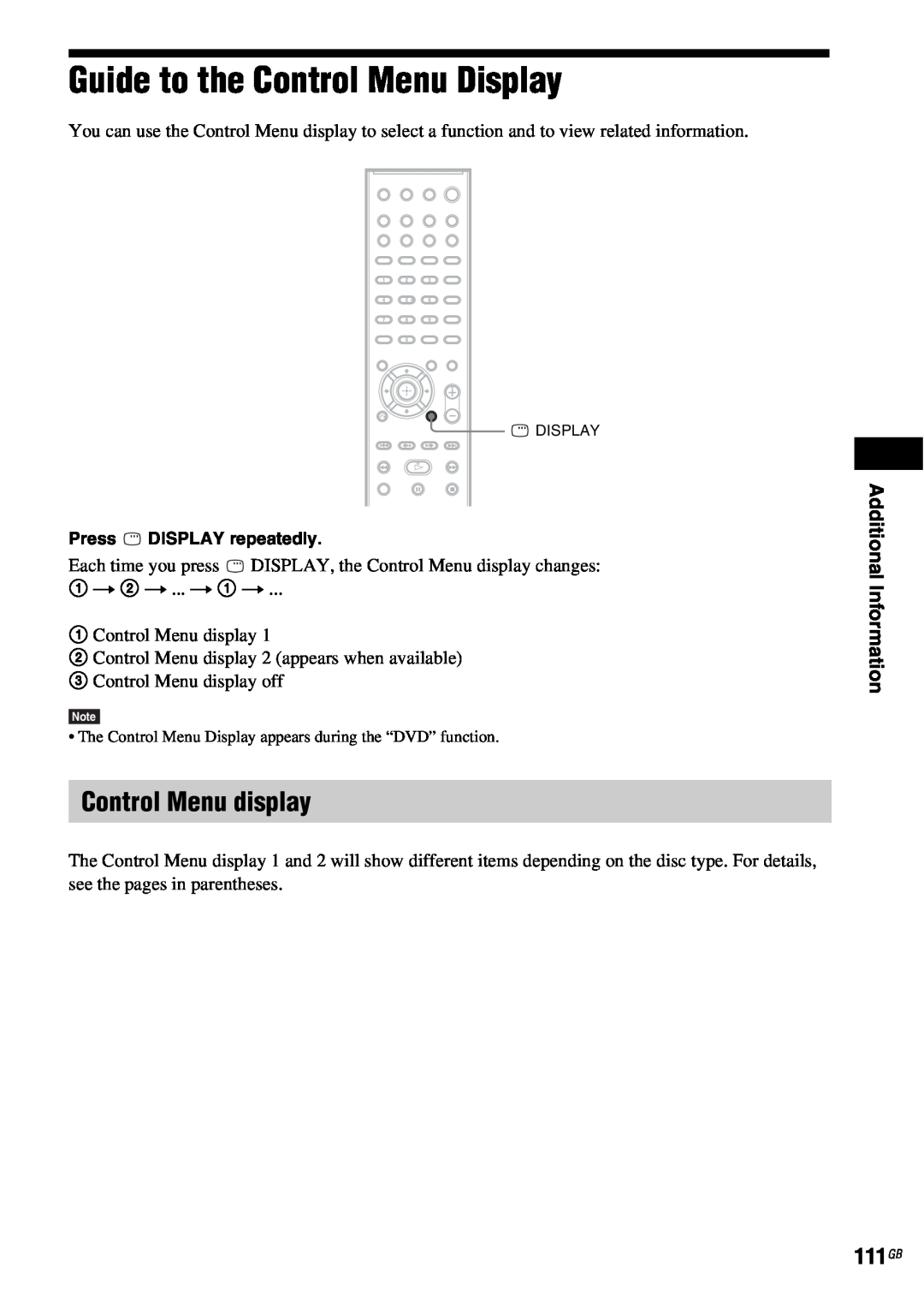 Sony DAV-HDX685 Guide to the Control Menu Display, Control Menu display, Additional Information, Press DISPLAY repeatedly 
