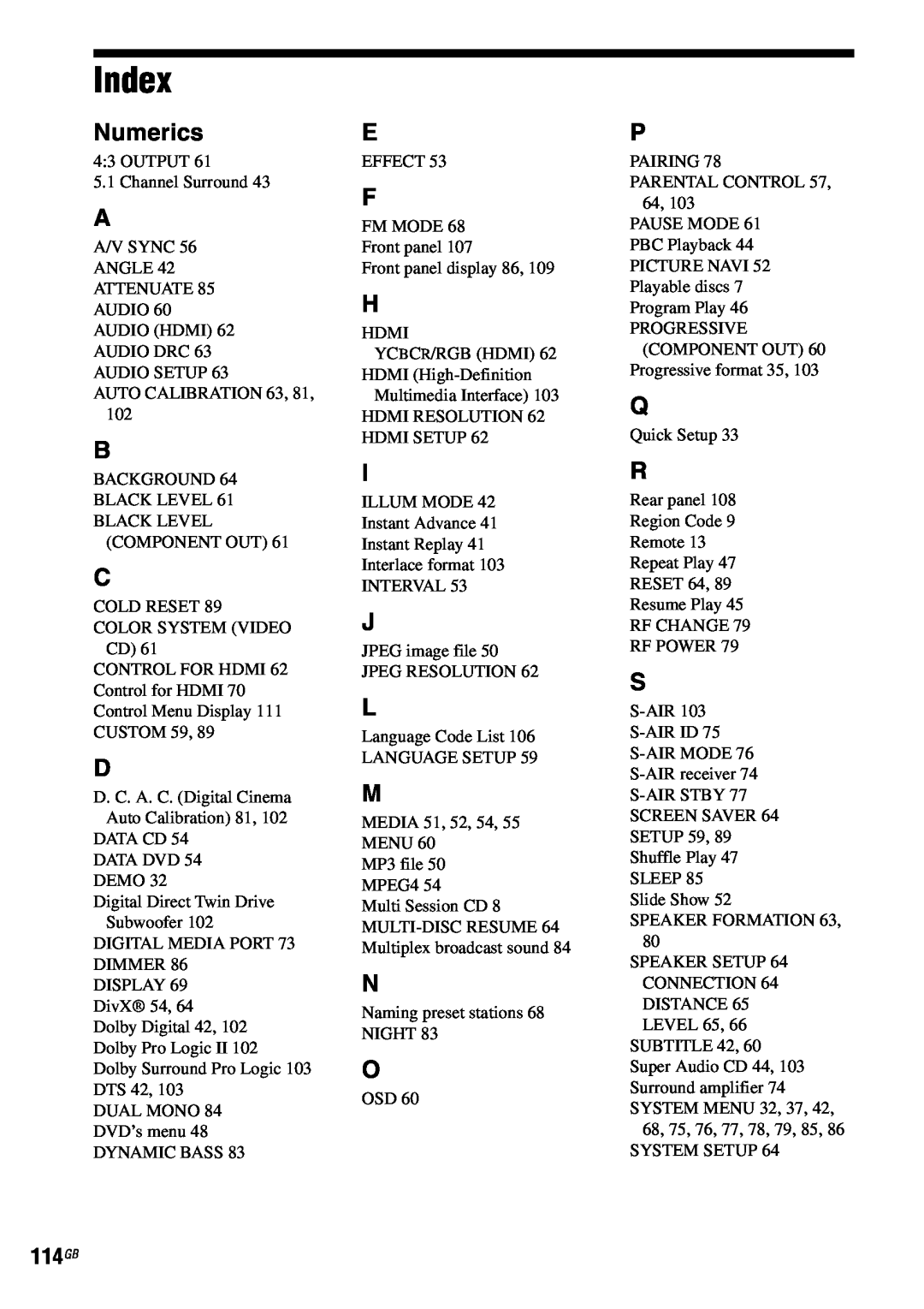 Sony DAV-HDX685 manual Index, Numerics 