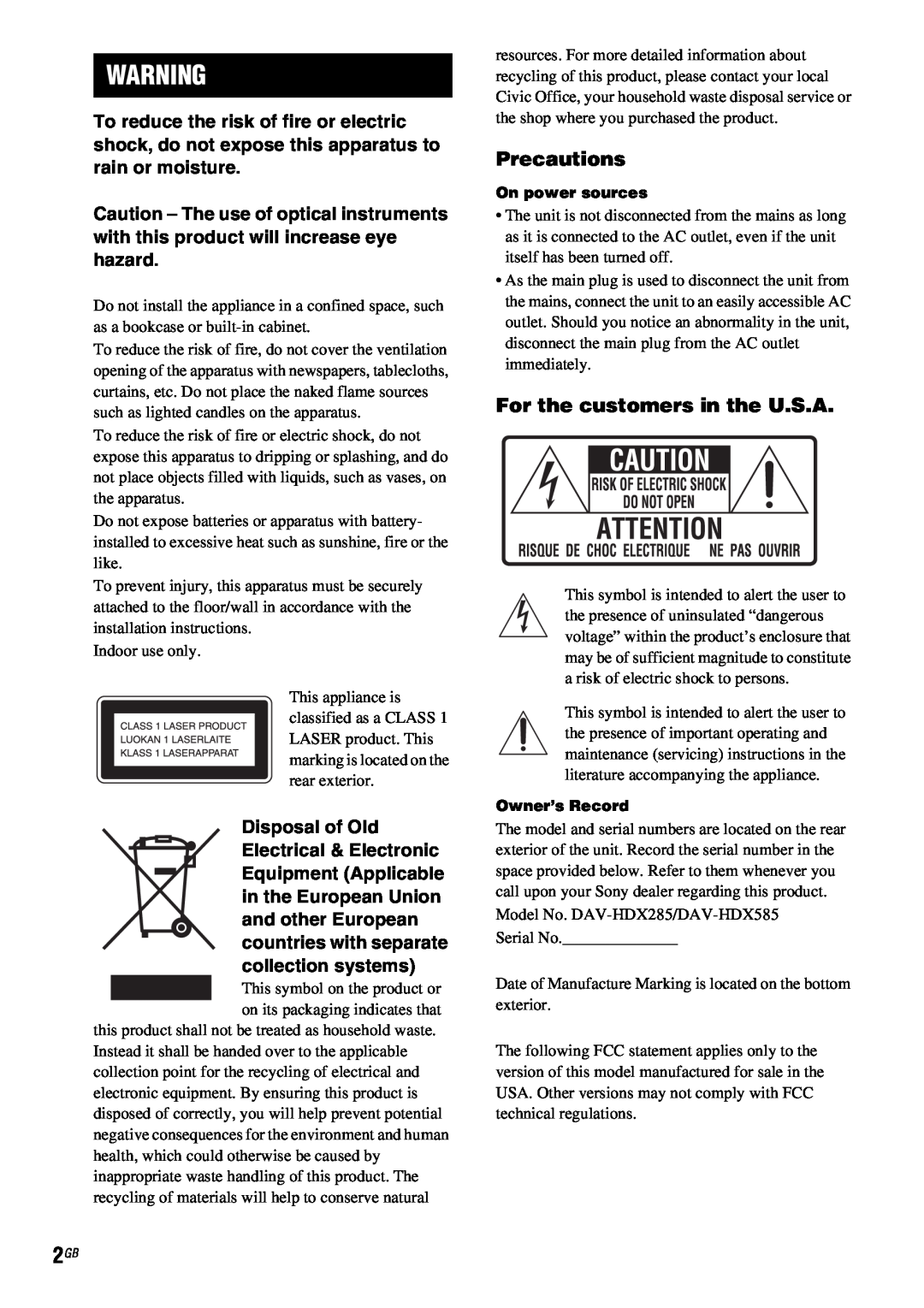 Sony DAV-HDX685 manual Precautions, For the customers in the U.S.A 
