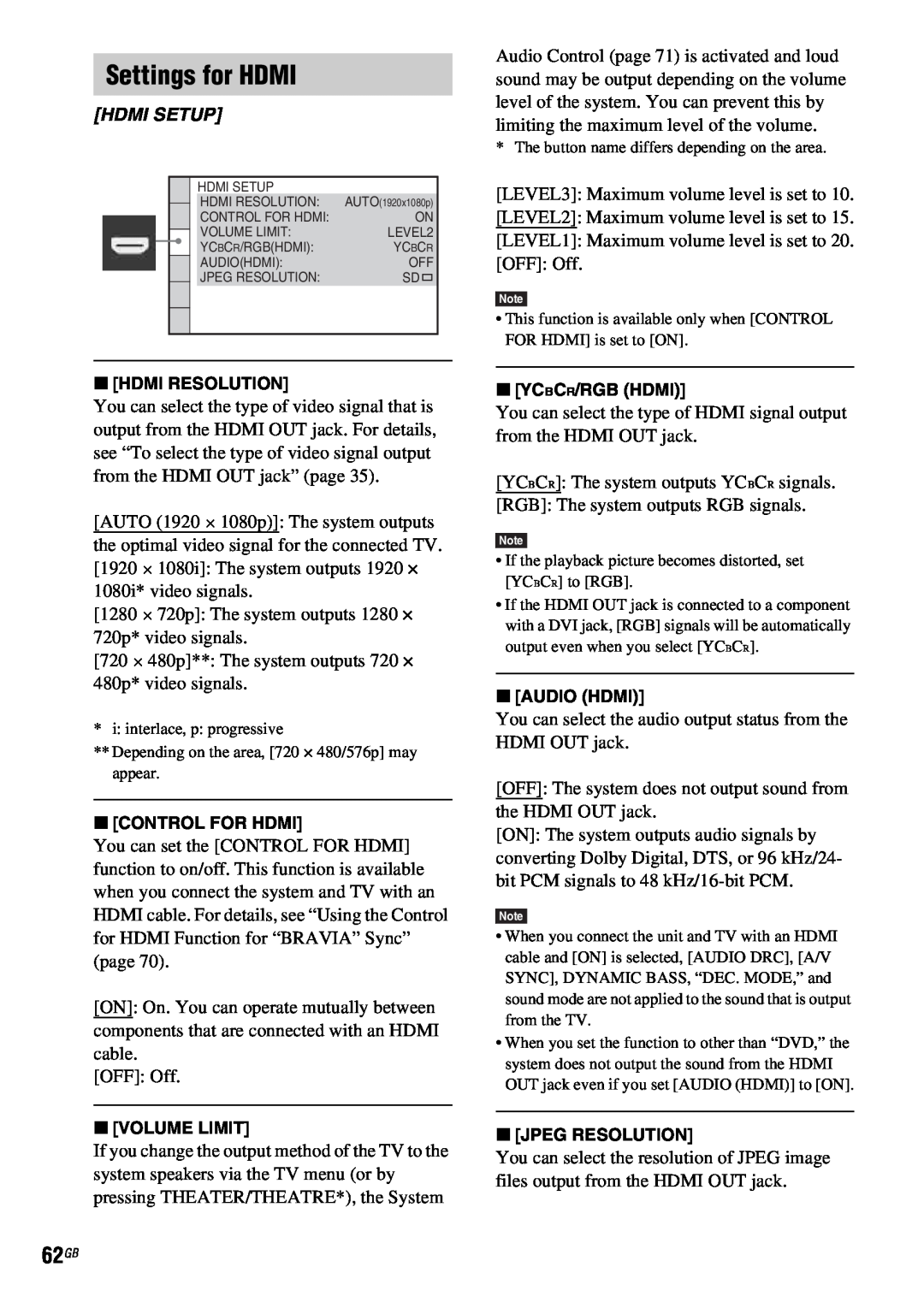 Sony DAV-HDX685 manual Settings for HDMI, Hdmi Setup, xHDMI RESOLUTION, xCONTROL FOR HDMI, xVOLUME LIMIT, xYCBCR/RGB HDMI 