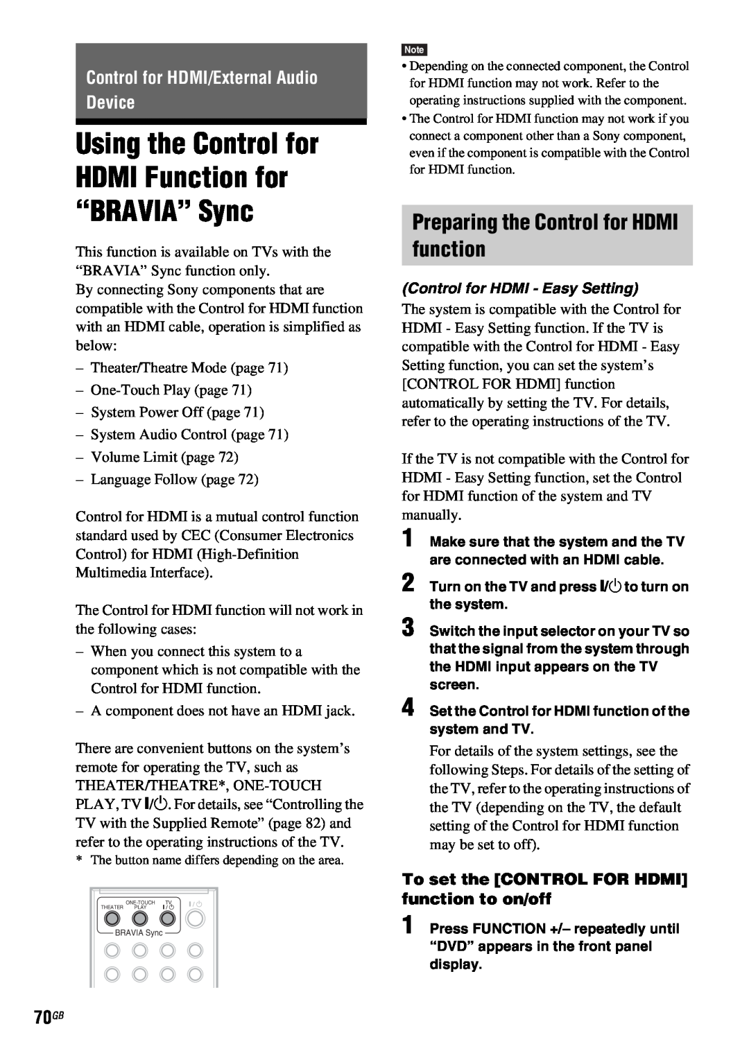 Sony DAV-HDX685 manual Preparing the Control for HDMI function, Control for HDMI/External Audio Device 