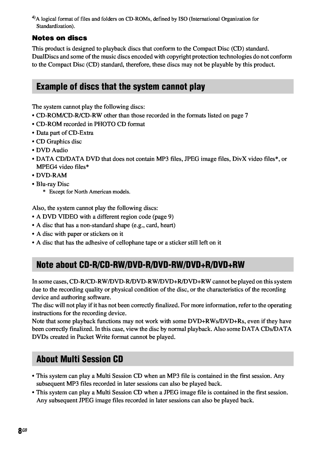 Sony DAV-HDX685 manual Example of discs that the system cannot play, Note about CD-R/CD-RW/DVD-R/DVD-RW/DVD+R/DVD+RW 