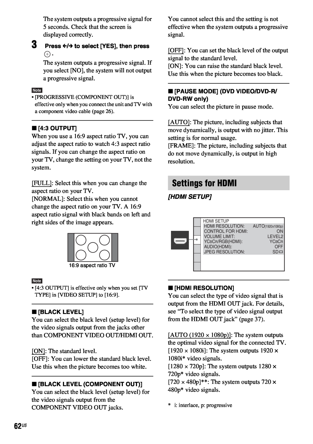 Sony DAV-HDX686W manual Settings for HDMI, Press C/c to select YES, then press, x4 3 OUTPUT, xBLACK LEVEL, Hdmi Setup 