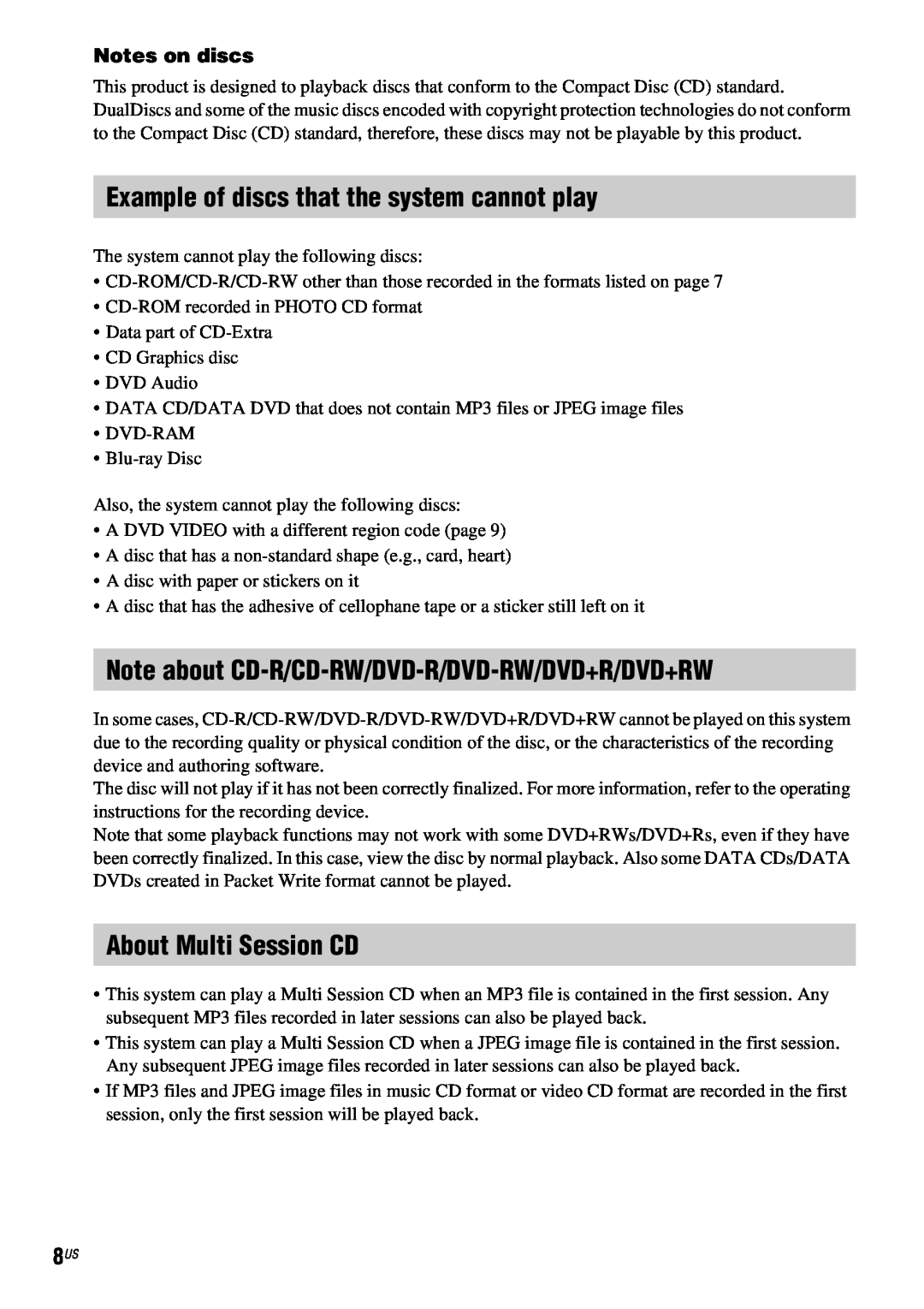 Sony DAV-HDX686W manual Example of discs that the system cannot play, Note about CD-R/CD-RW/DVD-R/DVD-RW/DVD+R/DVD+RW 