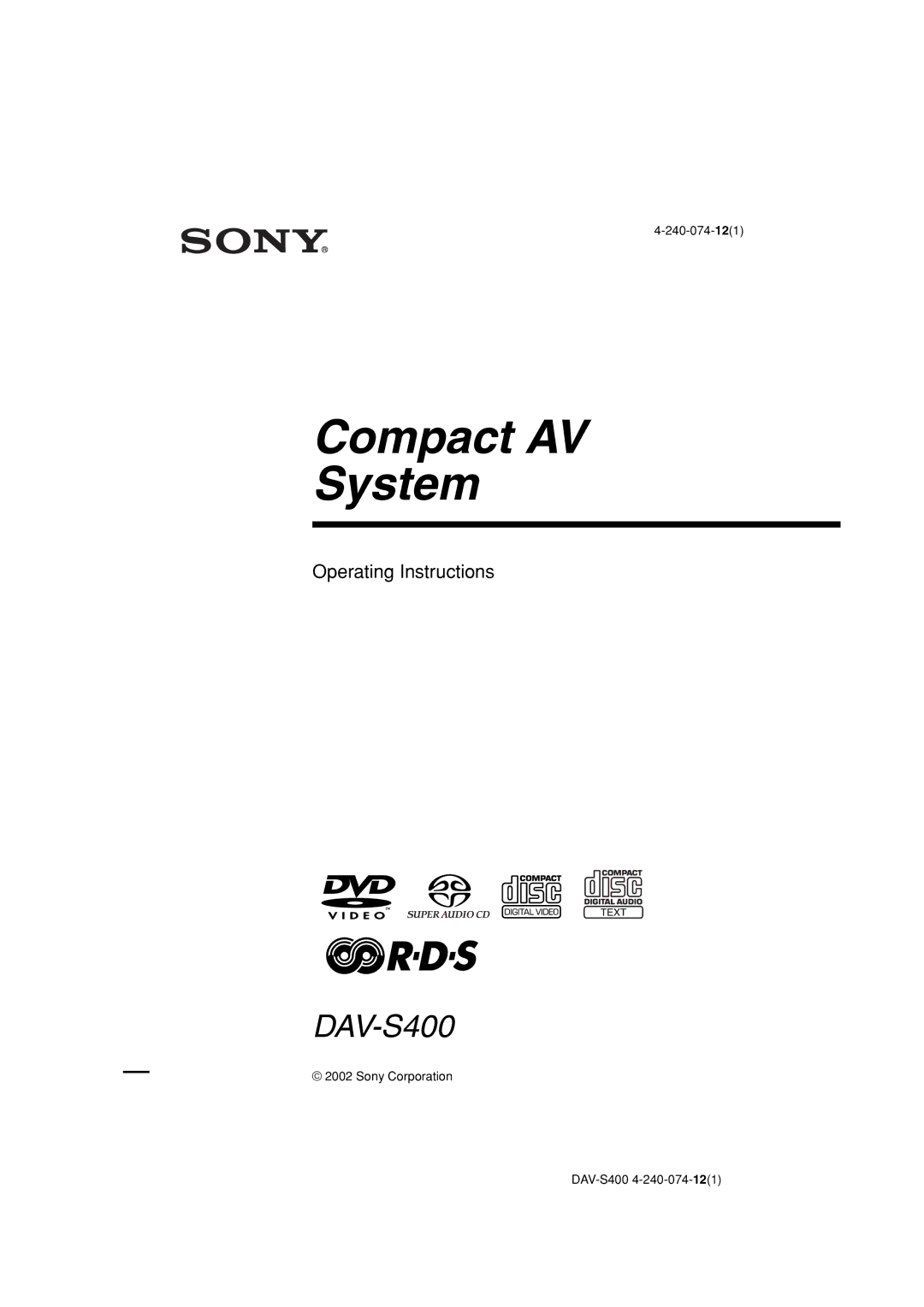 Sony DAV-S400 manual Compact AV System 