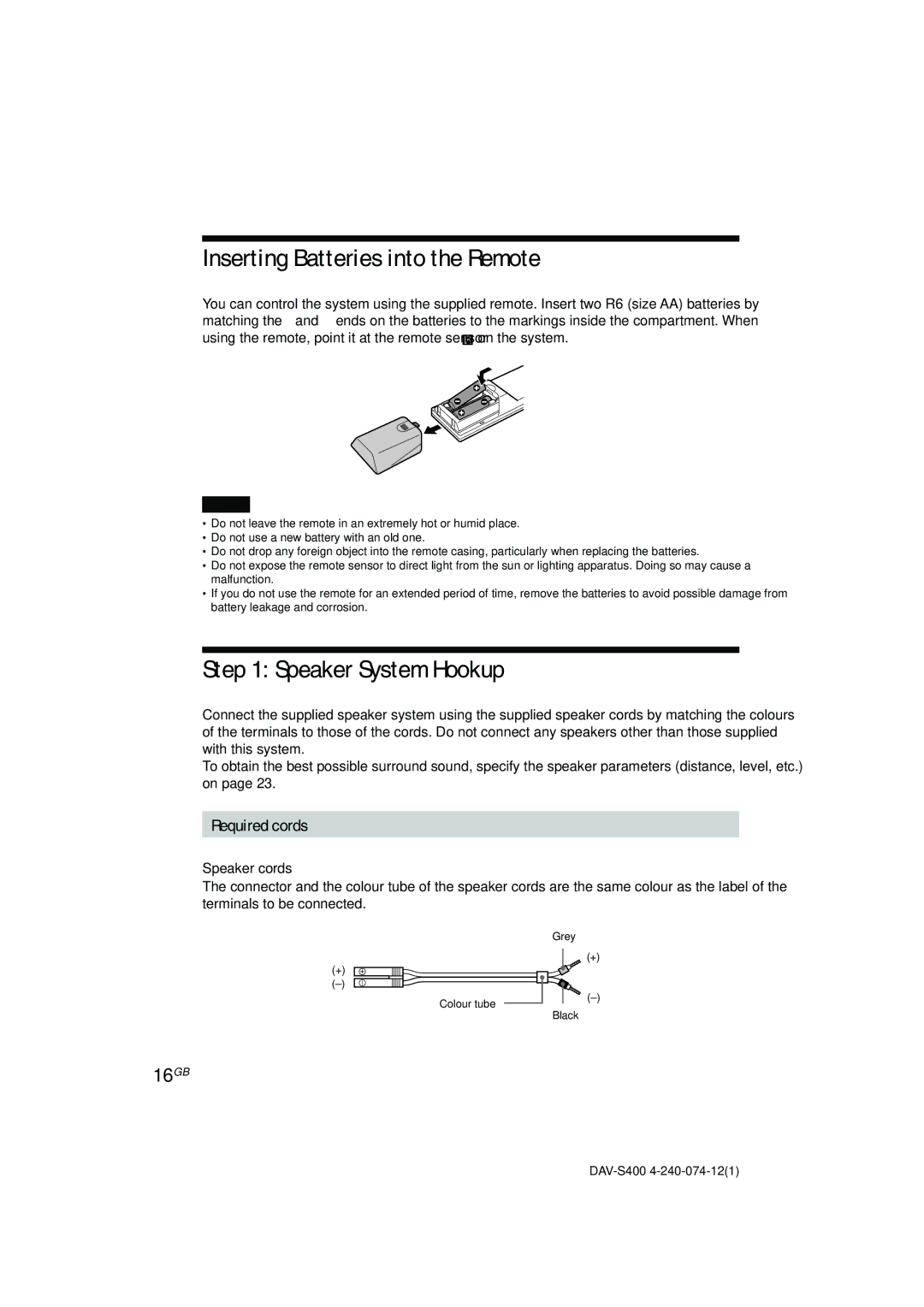 Sony DAV-S400 manual Inserting Batteries into the Remote, Speaker System Hookup, 16GB, Required cords, Speaker cords 