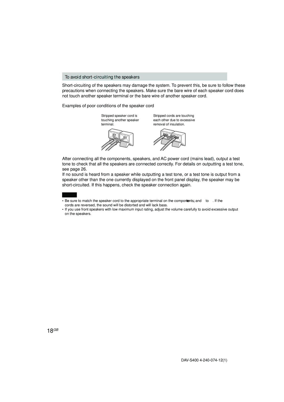 Sony DAV-S400 manual 18GB, To avoid short-circuiting the speakers, Examples of poor conditions of the speaker cord 