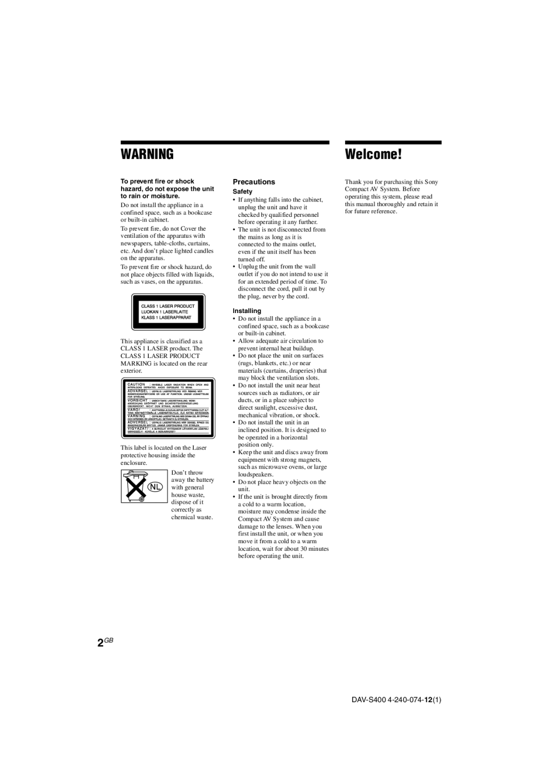 Sony DAV-S400 manual Welcome, Precautions 