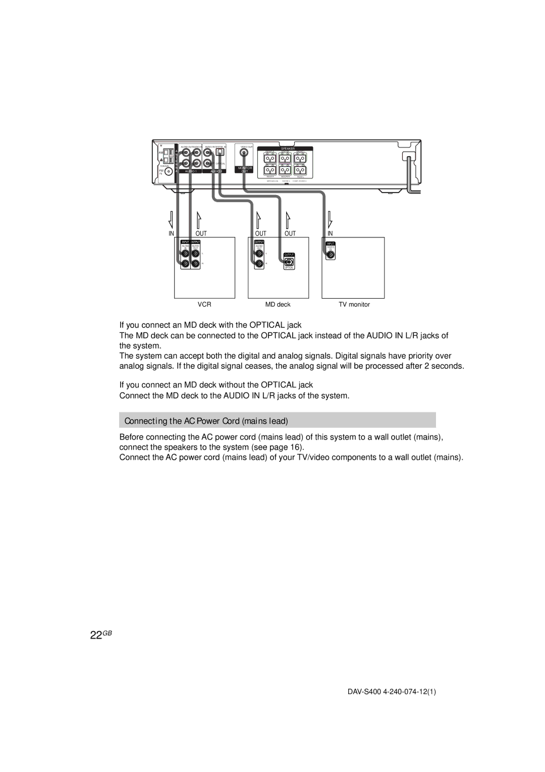 Sony DAV-S400 manual 22GB, Connecting the AC Power Cord mains lead, If you connect an MD deck with the Optical jack 