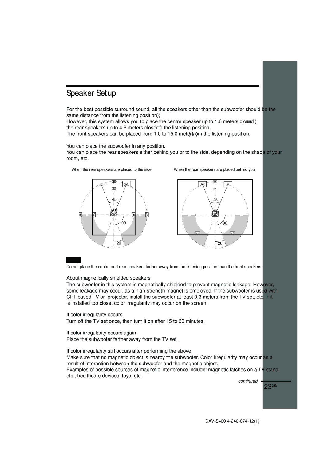 Sony DAV-S400 manual Speaker Setup, 23GB, About magnetically shielded speakers, If color irregularity occurs 