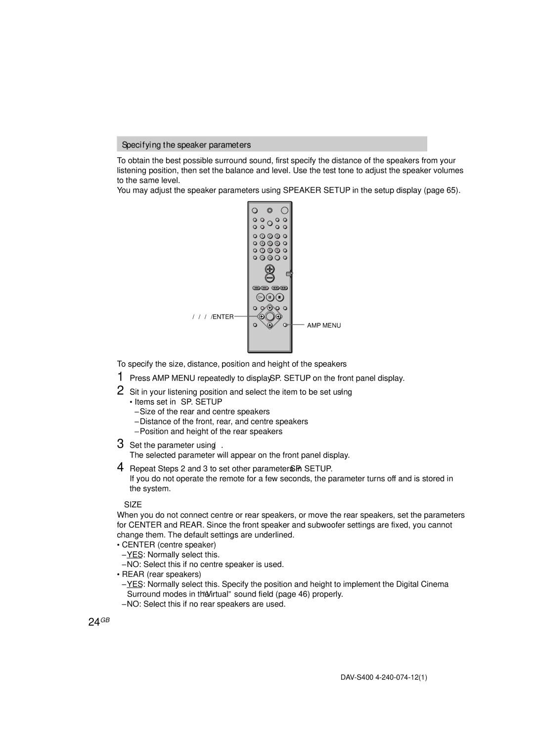 Sony DAV-S400 manual 24GB, Specifying the speaker parameters, Xsize 