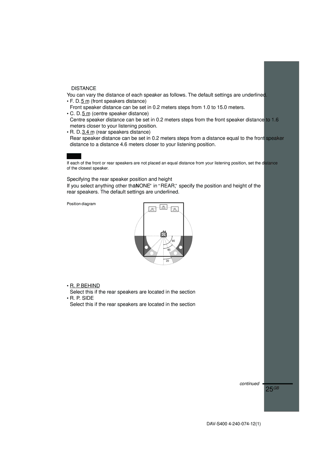 Sony DAV-S400 manual 25GB, Xdistance, Specifying the rear speaker position and height 