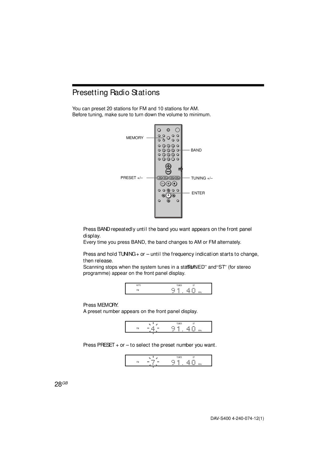 Sony DAV-S400 manual Presetting Radio Stations, 28GB, Press Memory, Press Preset + or to select the preset number you want 