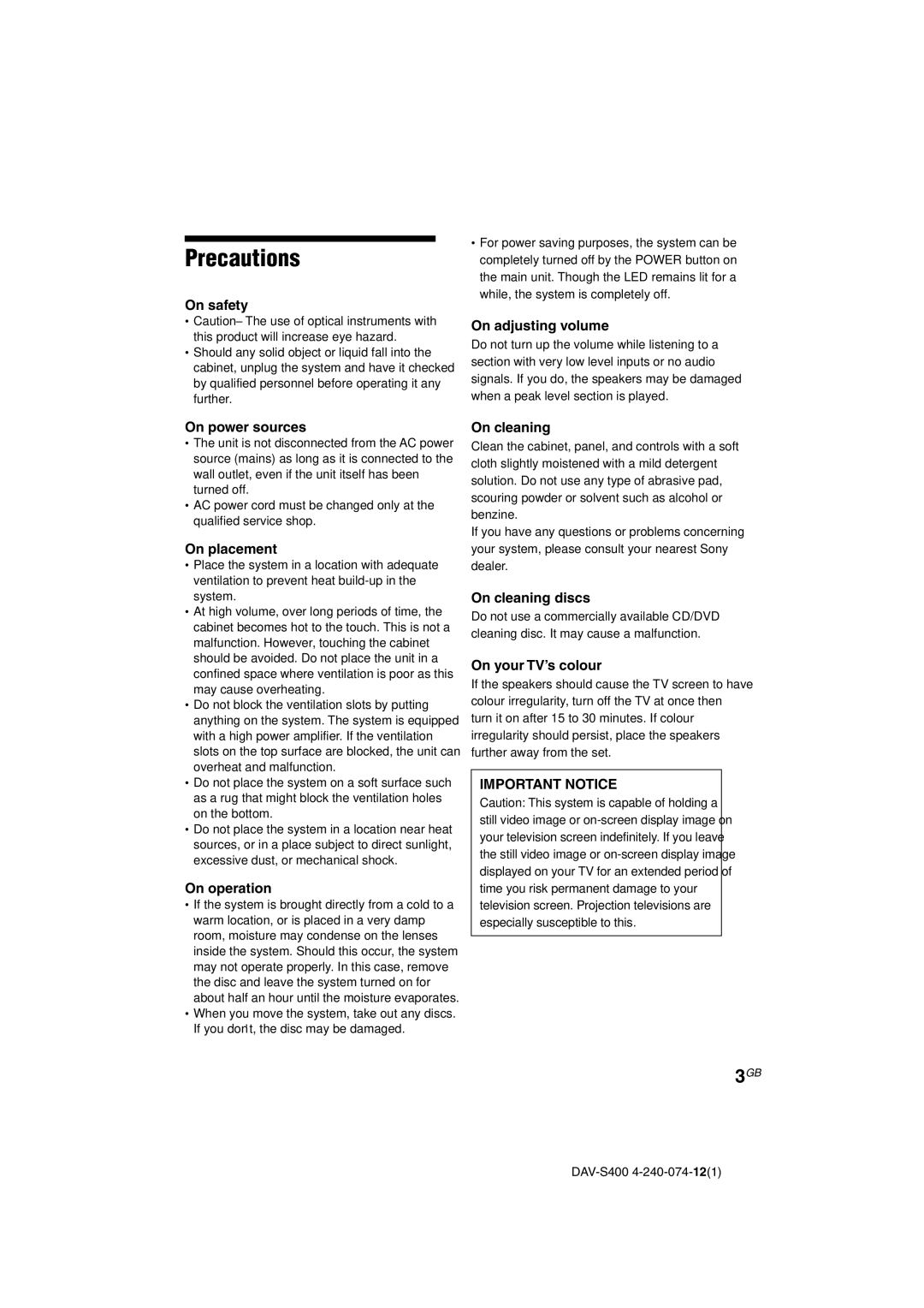 Sony DAV-S400 manual Precautions, Important Notice 