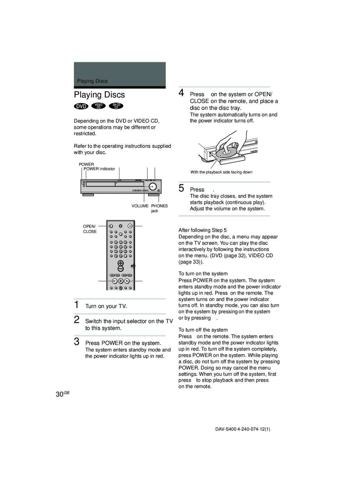 Sony DAV-S400 manual Playing Discs, 30GB, Press H 