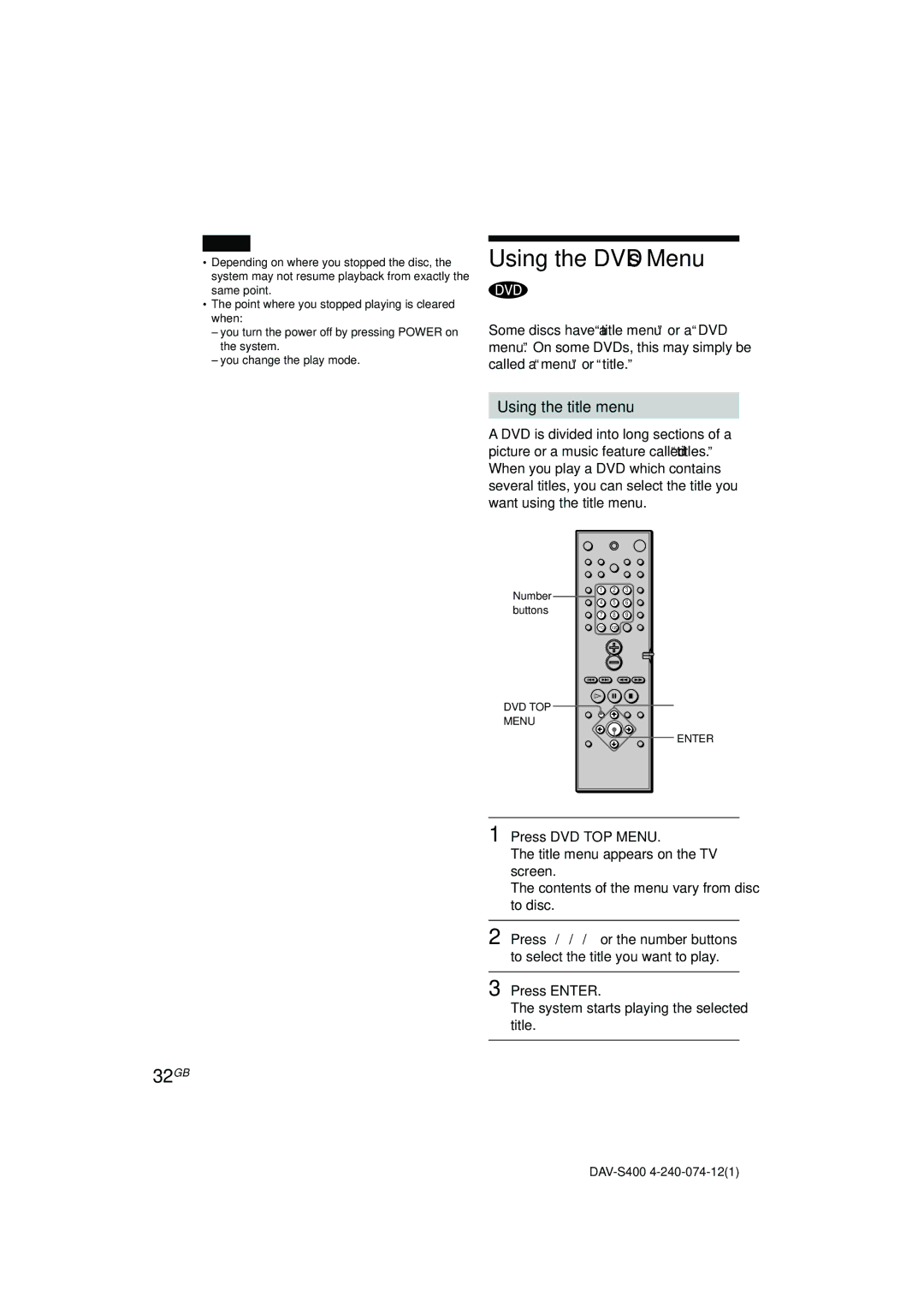 Sony DAV-S400 manual Using the DVD’s Menu, 32GB, Using the title menu, Press DVD TOP Menu, Press Enter 