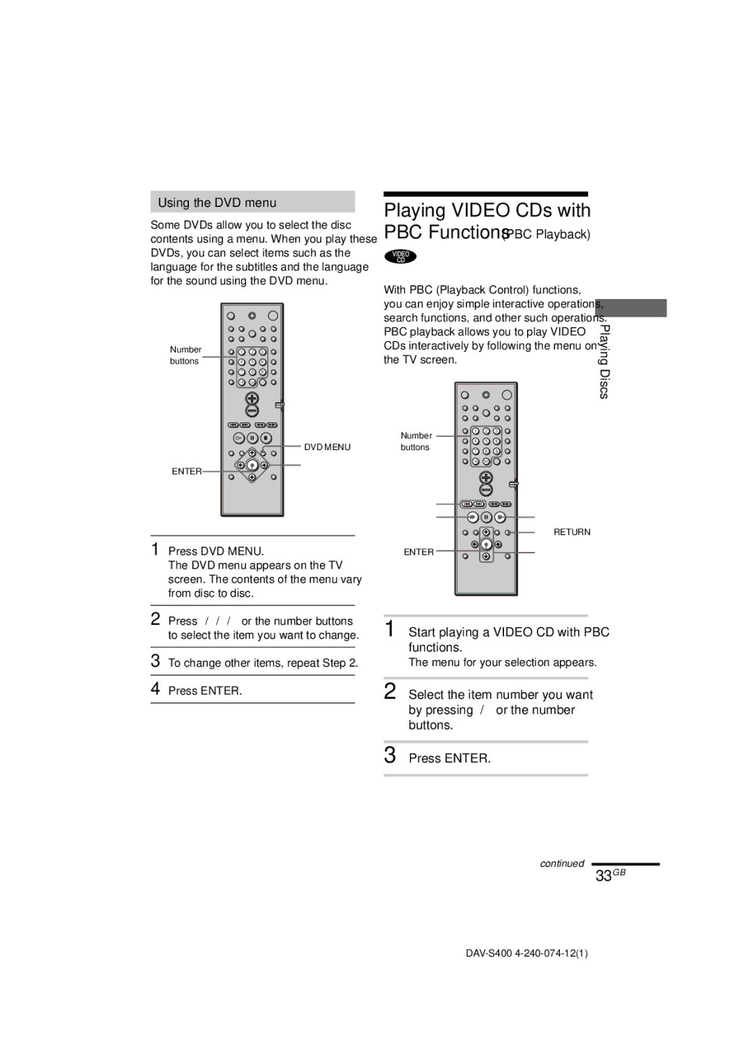 Sony DAV-S400 manual Playing Video CDs with PBC Functions PBC Playback, 33GB, Using the DVD menu 