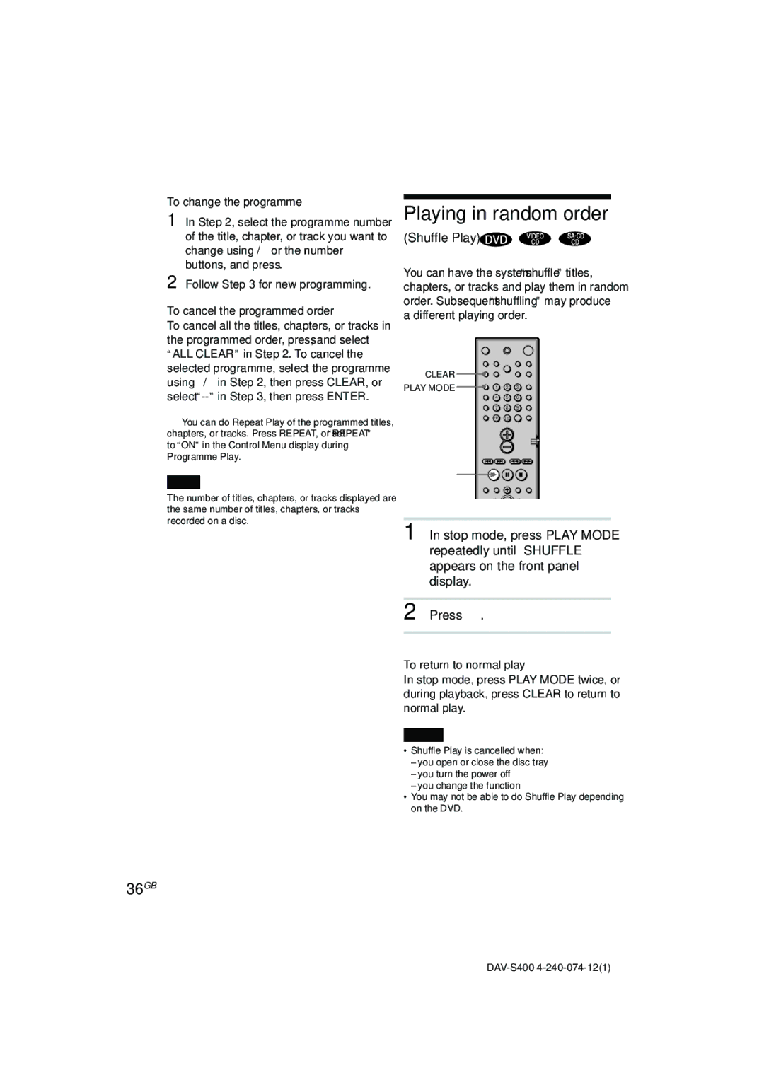 Sony DAV-S400 manual Playing in random order, 36GB, Shuffle Play, To change the programme, To cancel the programmed order 