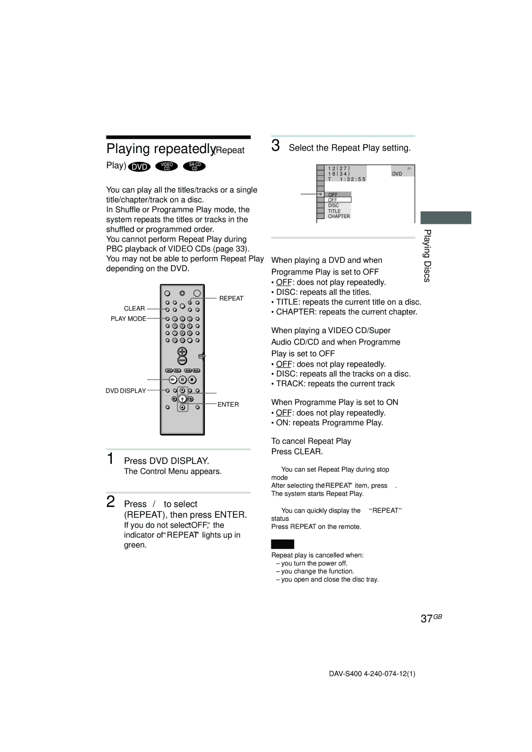 Sony DAV-S400 manual Playing repeatedly Repeat, 37GB, Press DVD Display, Select the Repeat Play setting 