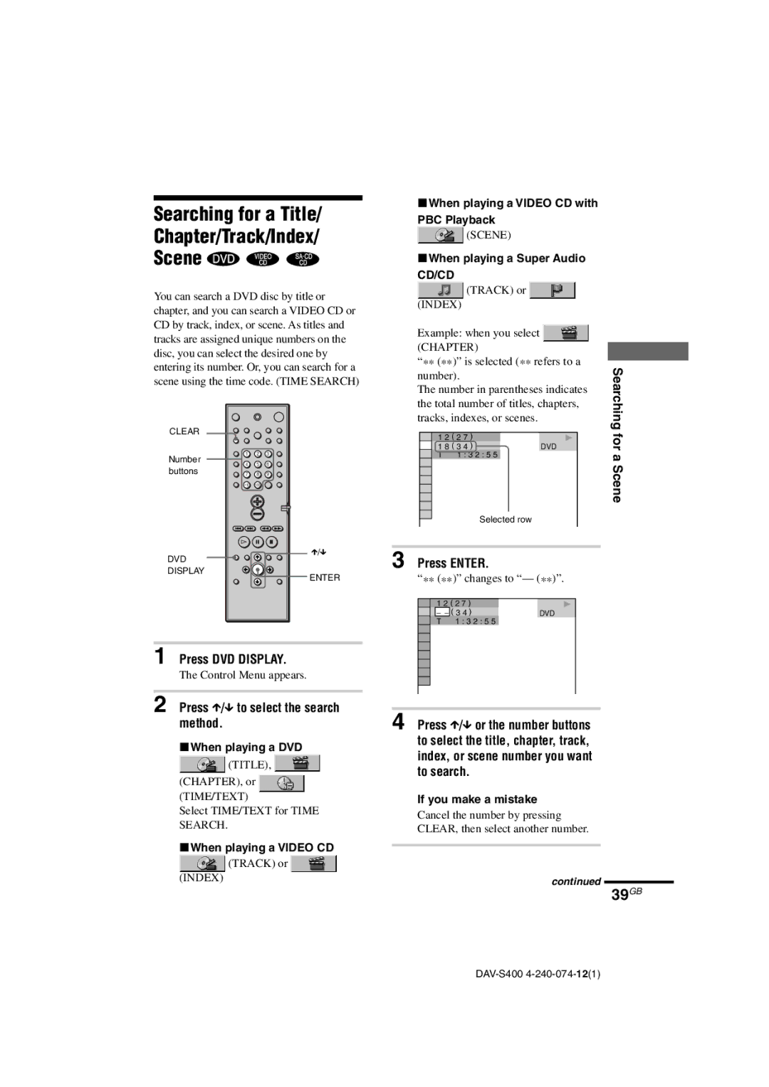 Sony DAV-S400 manual 39GB, Press X/x to select the search method, Searching, For, AScene 