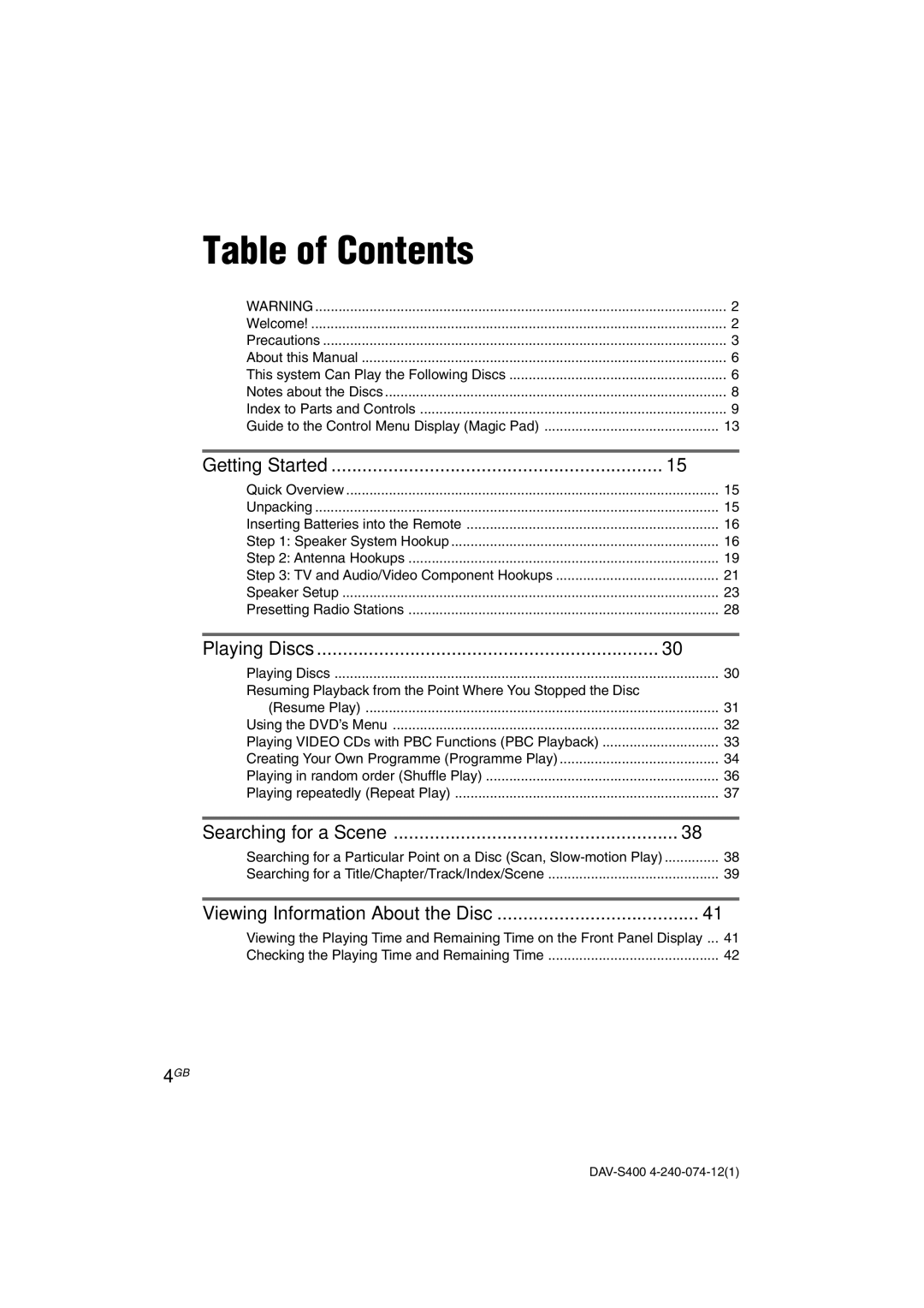 Sony DAV-S400 manual Table of Contents 