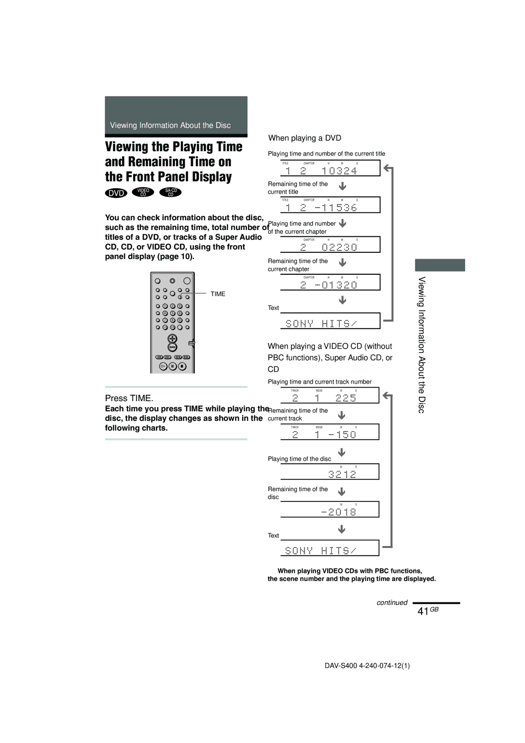 Sony DAV-S400 manual 41GB, Viewing Information About Disc, When playing a DVD 