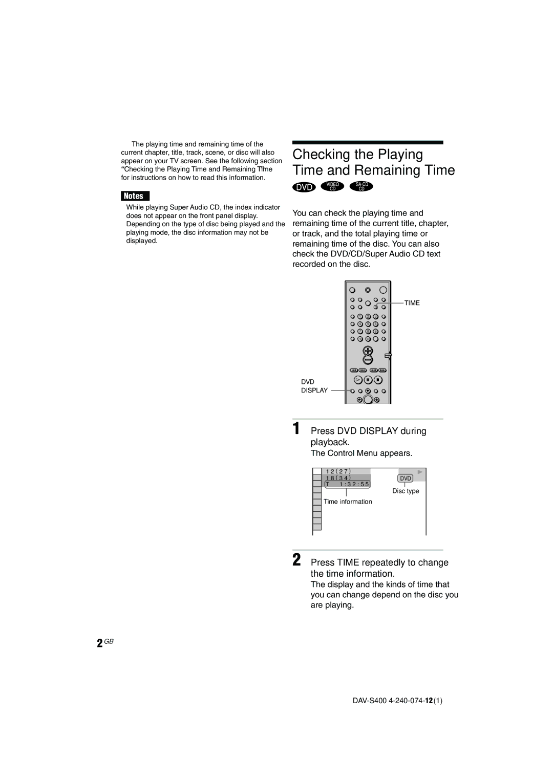 Sony DAV-S400 manual 42GB, Press DVD Display during playback, Press Time repeatedly to change the time information 