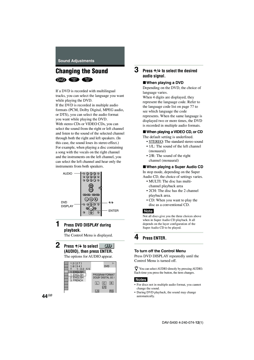 Sony DAV-S400 manual Changing the Sound, 44GB, Press X/x to select the desired audio signal 