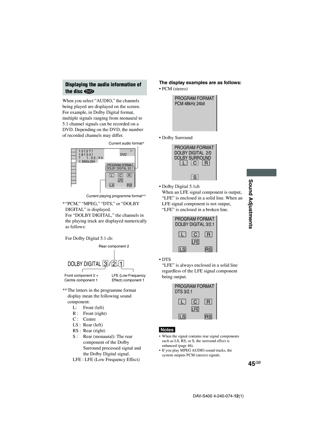 Sony DAV-S400 manual 45GB, Displaying the audio information Disc, Sound Adjustments, Display examples are as follows 