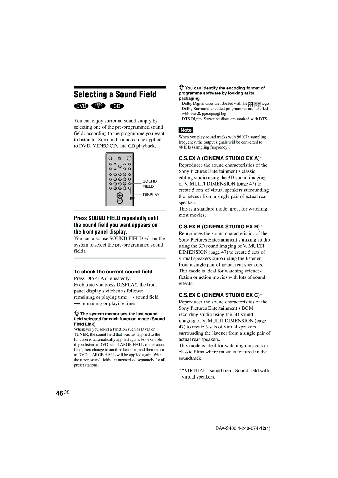 Sony DAV-S400 manual Selecting a Sound Field, 46GB, To check the current sound field 