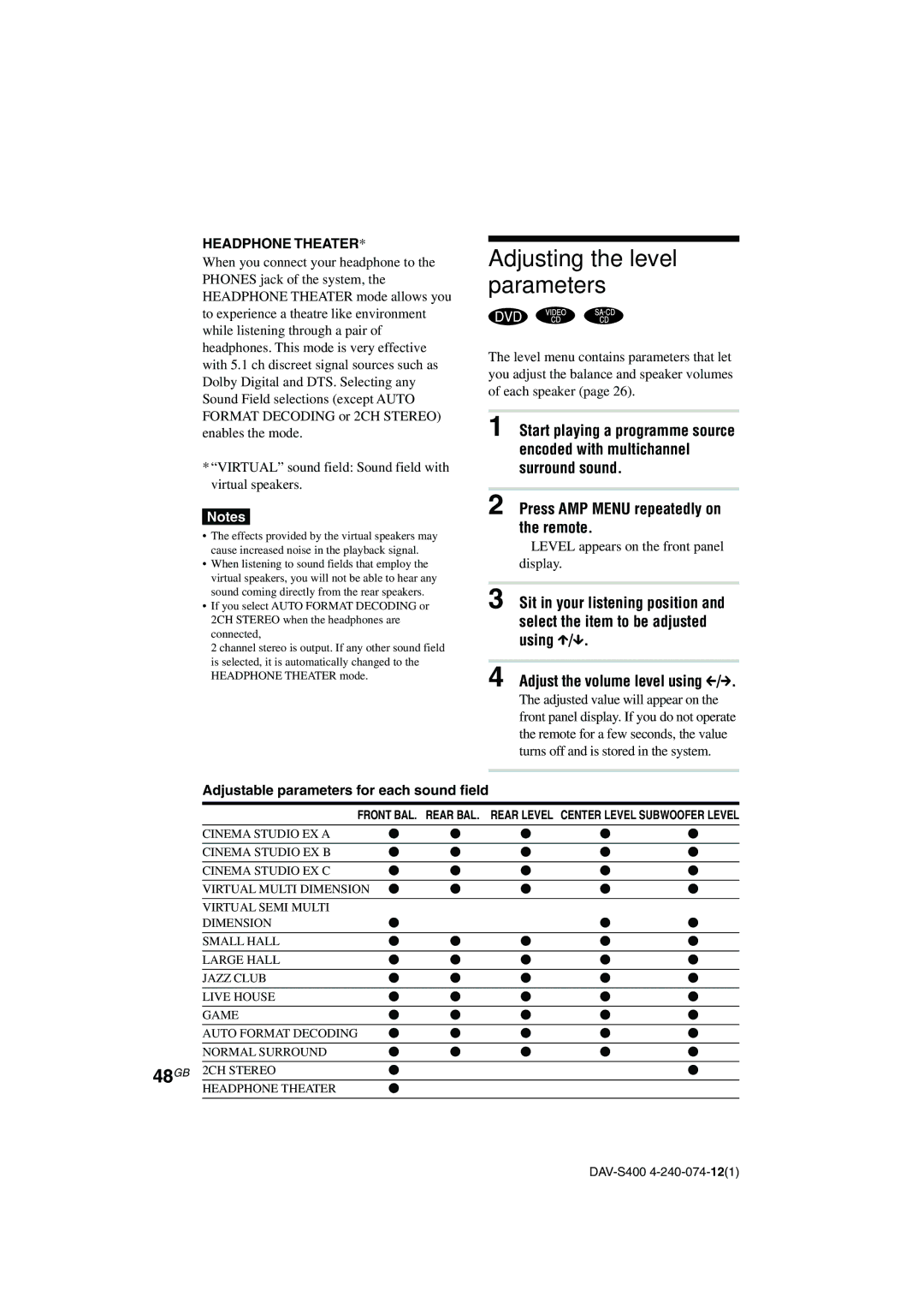 Sony DAV-S400 manual Adjusting the level parameters, 48GB, Press AMP Menu repeatedly on the remote, Headphone Theater 