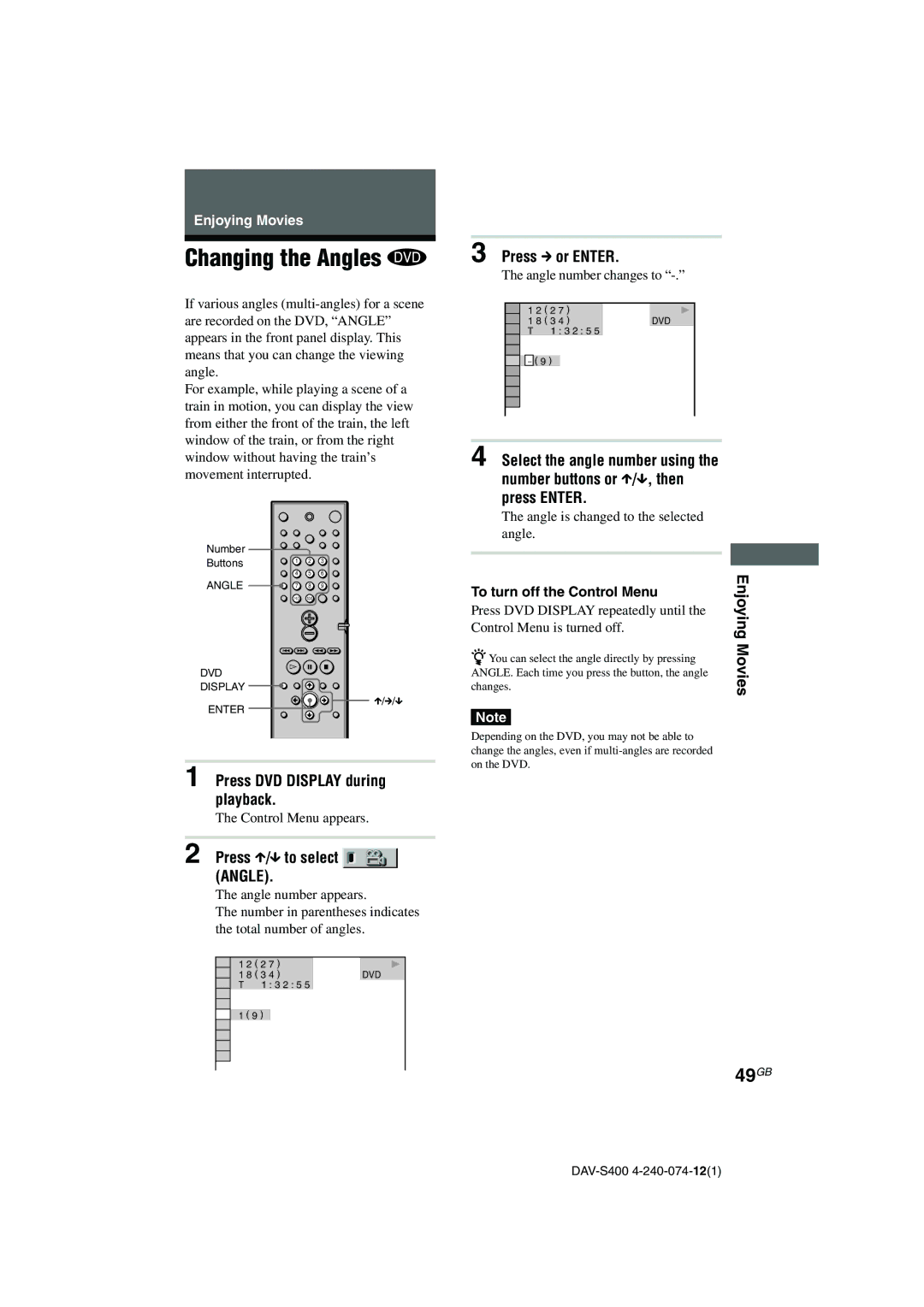 Sony DAV-S400 manual Changing the Angles, 49GB, Press X/x to select Angle, Press c or Enter 