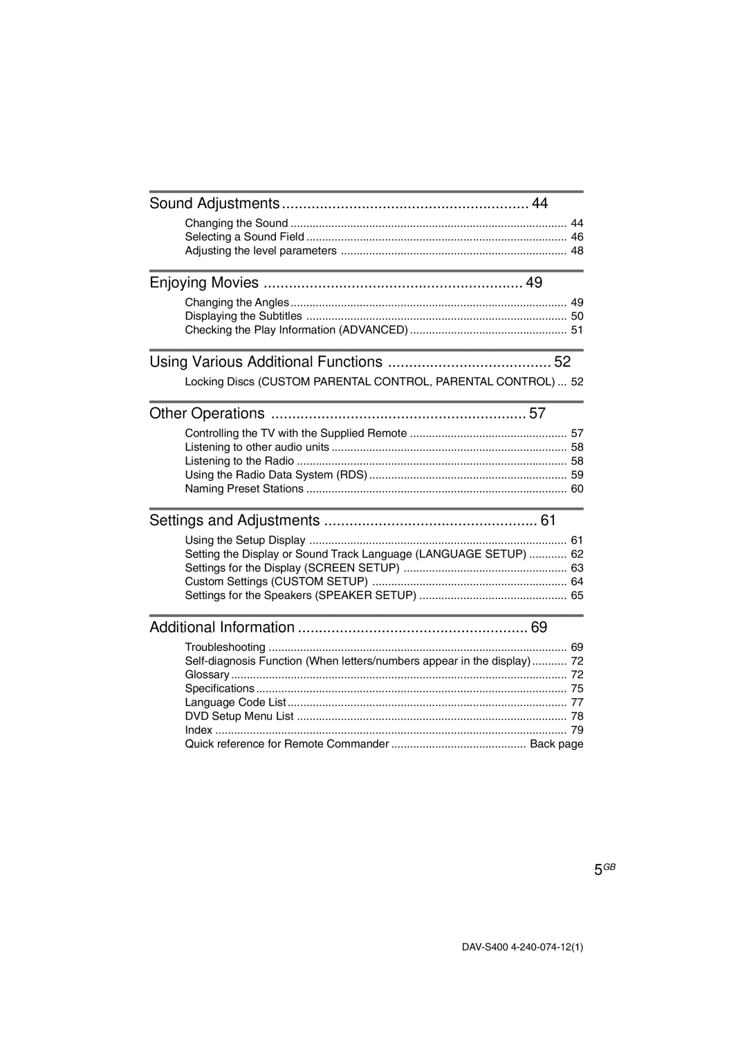 Sony DAV-S400 manual Sound Adjustments, Enjoying Movies, Using Various Additional Functions, Other Operations 