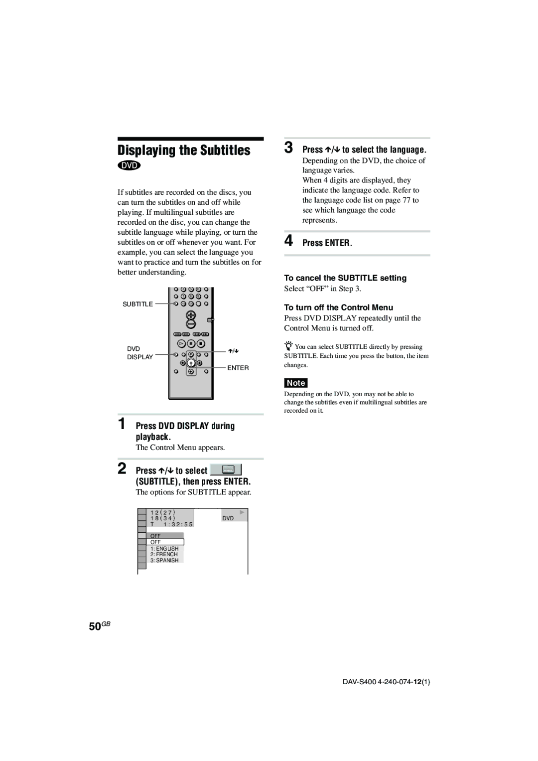 Sony DAV-S400 manual Displaying the Subtitles, 50GB, Press X/x to select the language, To cancel the Subtitle setting 