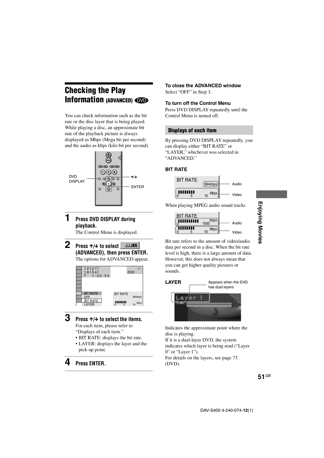 Sony DAV-S400 manual 51GB, Press X/x to select the items, Displays of each item, Enjoying, Movies 